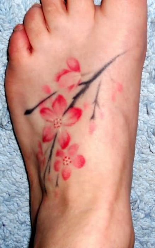 Unique Left Foot Cherry Blosoom Tattoo